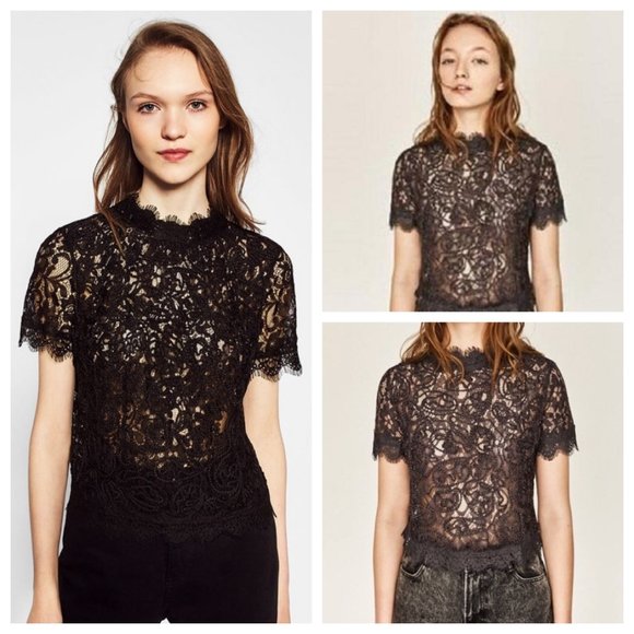 Zara Tops - Zara Gray Embroidered Lace High Neck Zipper Blouse